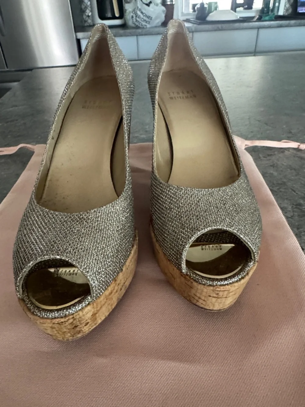 Stuart Weitzman Metallic Gold Peep-Toe Cork Wedge Heels - Picture 3 of 3